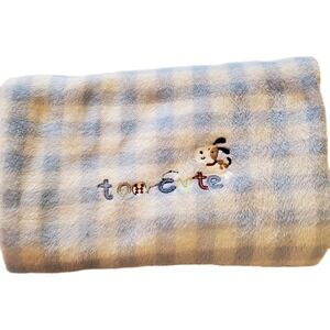 Just One Year Carters Too Cute Dog Blue White Check Plaid Gingham Baby Blanket